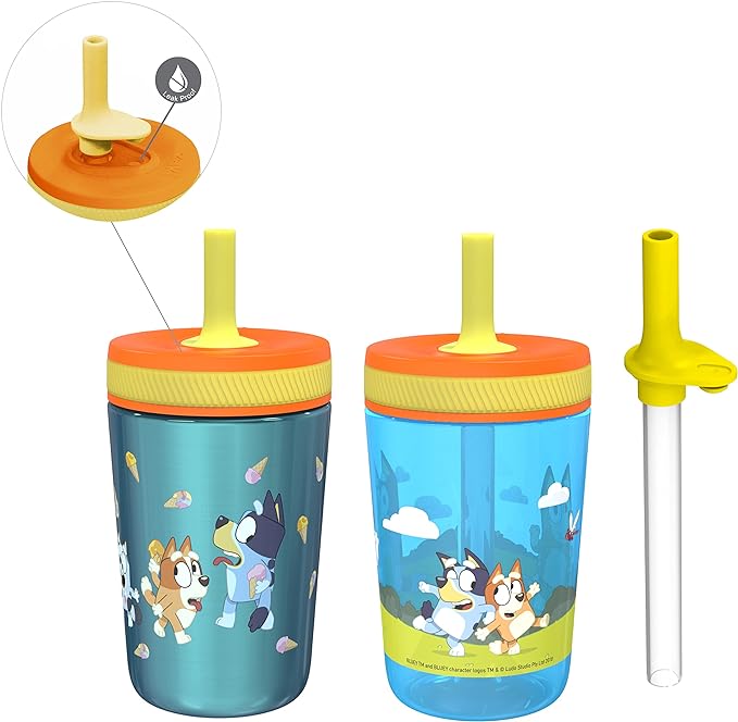 Zak Designs Bluey Kelso Tumbler Set, Leak-Proof Screw-On Lid with Straw, Bundle for Kids Includes Plastic and Stainless Steel Cups with Bonus Sipper, 3pc Set