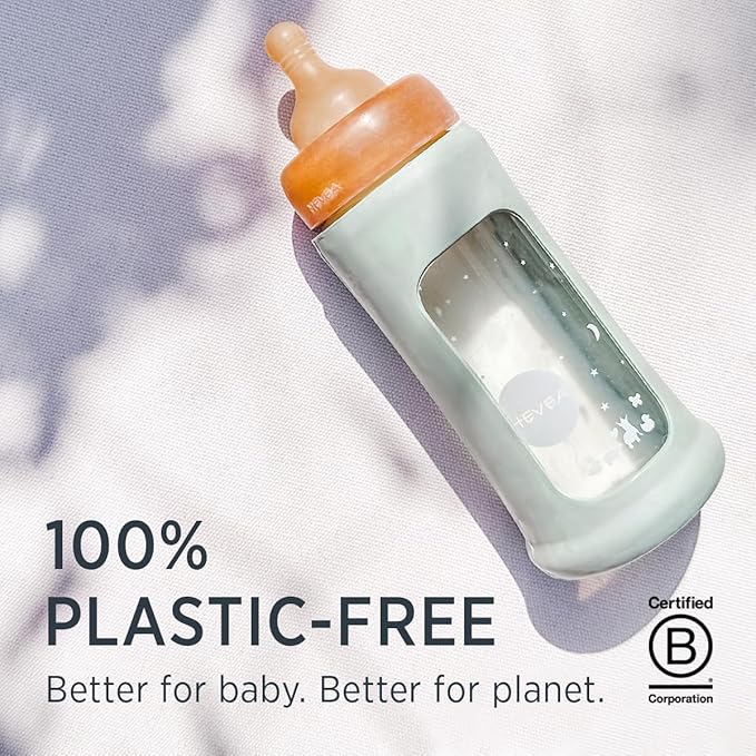 HEVEA Plastic-Free Wide Neck Glass Baby Bottle with Powder Pink Sleeve - Slow Flow Anti Colic Baby Bottles Newborn 0+ Months - BPA-Free, Single-Pack (5 Oz)