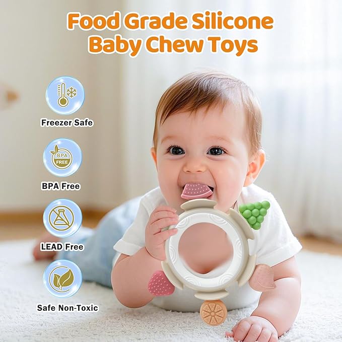 Baby Teething Ring Toy for 3–12 Months, Silicone Infant Teether for Sore Gum Relief, Soothing Sensory Chew Toy, Ideal Newborn Gift for Boys Girls Baby Shower, Birthday or Christmas, Brown