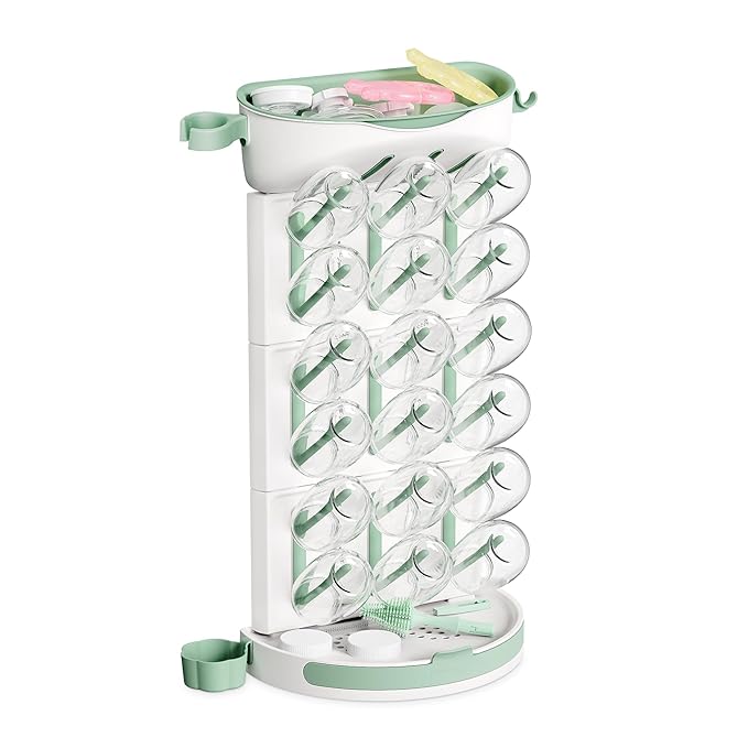 Momcozy DIY Larger Bottle Drying Rack for 18 Bottles, Space Saving Countertop Vertical Rack with Brushes Holder, Detachable Travel Bottle Rack for Baby Accessories & Pump Parts