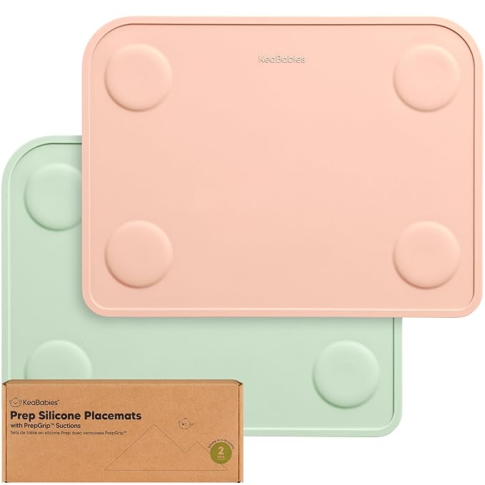 KeaBabies 2-Pack Silicone Placemats for Toddlers - 12x9 Non Slip Suction Baby Silicone Placemat for Kids Eating, Easy to Clean, Busy Travel Baby Mat for Dining Table, Food Grade/BPA-Free (Mellow)