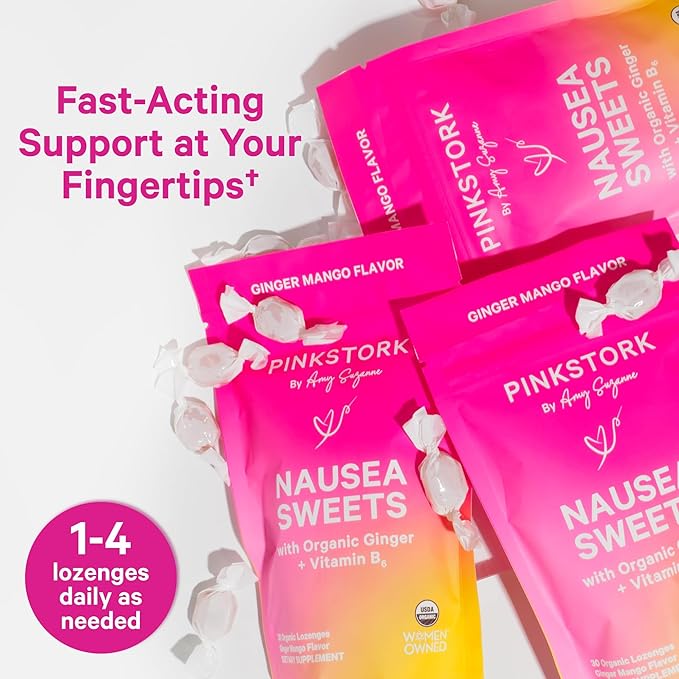 Pink Stork Organic Mango Sweets with Vitamin B6 for Morning Sickness and Motion Sickness, Added Ginger & Vitamin B6, 1st Trimester Pregnancy Must Haves - 30 Wrapped Candies