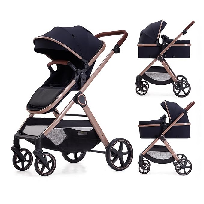2 in 1 Baby Stroller, Newborn Infant Toddler Convertible Bassinet Pram Stroller for 0-36 Months Old Babies (Black)