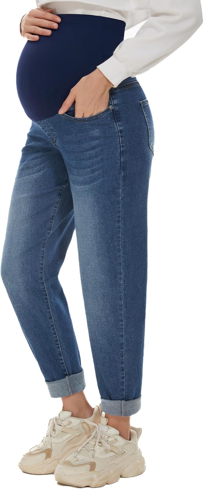 POSHGLAM Women's Maternity Jeans Over Belly Comfy Stretch 28'' Boyfriend Jeans Loose Pregnancy Pants, S-XXL