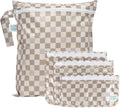 Bumkins - Waterproof Wet Bag & Clear Travel Bags - For Beach, Baby, Travel, Swim Suit, Cloth Diapers, Pump Parts, Pool, Gym, Toiletries - Reusable & Easy to Clean - Beige Check - 4 Pack