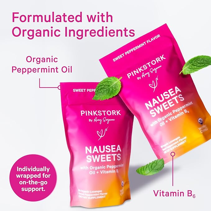 Pink Stork Organic Sweets Bundle for Morning Sickness and Motion Sickness Support, Added Vitamin B6, 1st Trimester Pregnancy Must Haves - 60 Wrapped Candies