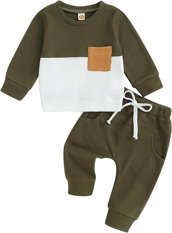 Toddler Baby Boy Fall Clothes Waffle Contrast Color Sweatshirt Pants Sets Infant Winter Outfits 6 12 18 24 Months