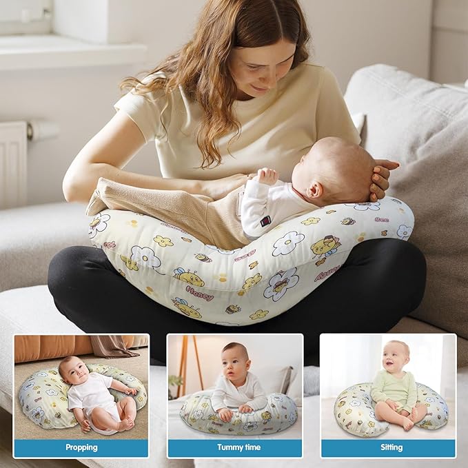 Nursing Pillow, Breastfeeding Pillows with Standard Size Removable Cover, Breast Feeding Pillow with Breathable Filling, Ergonomic Nursing Essentials for Bottle and Breastfeeding- Honey Bee…