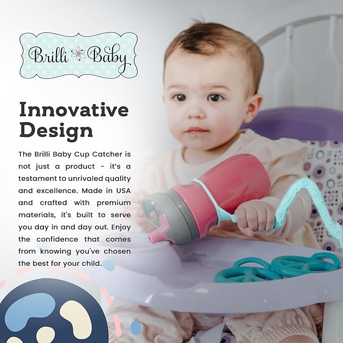 Brilli Baby Cup Catcher Patented Safety Tether Strap, Attach Sippy Cups, Bottles, Pacifiers & More to Stroller, High Chair, Car Seat, Made in USA, Food Grade, Dishwasher Safe (Lime Green)