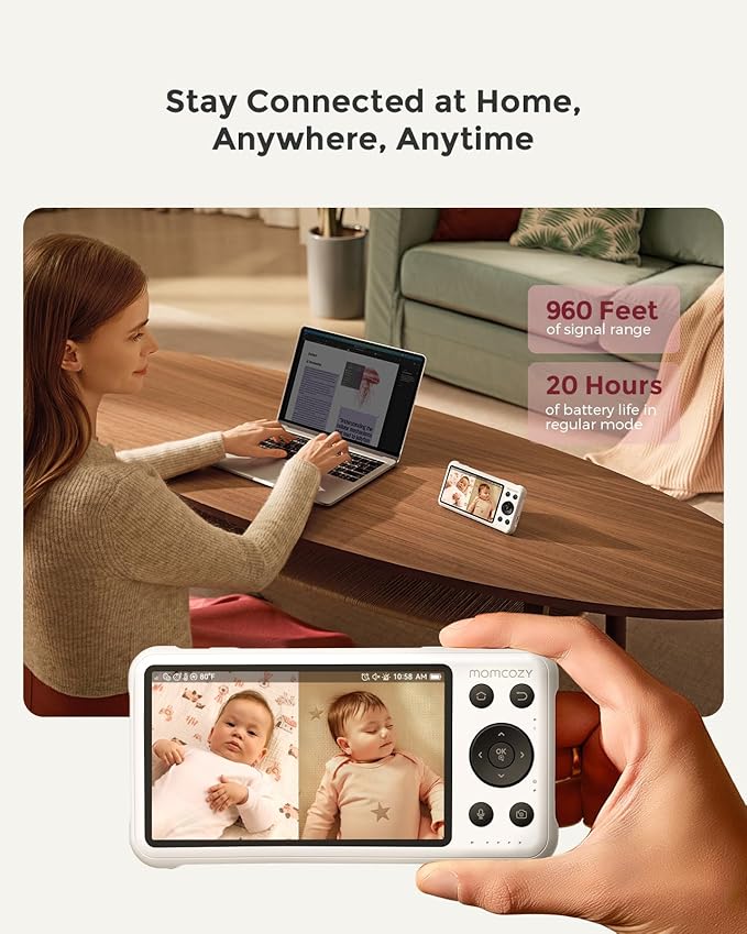Momcozy BM04 Smart WiFi Baby Monitor with 2 Cameras, 5'' 1080P Split Screen Video Baby Monitor with Camera and Audio, Clear Night Vision, 5000mAh Battery, 2-Way Audio