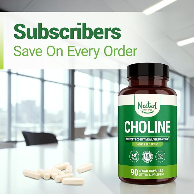 Nested Naturals Choline Bitartrate 500mg - High Potency Choline Supplements - Supports Cognitive Performance & Liver Function - 100% Vegan & Non-GMO Choline - 90 Vegan Capsules