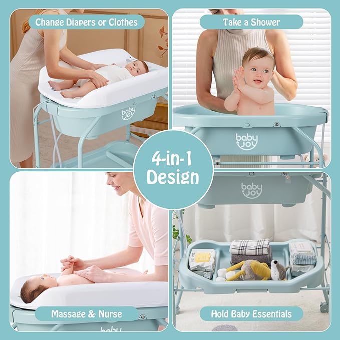 BABY JOY Baby Bathtub with Changing Table, Foldable Infant Diaper Changing Station with Storage Tray, Waterproof Pad, Portable Newborn Nursery Organizer Bath Stand with 4 Universal Wheels (Blue)