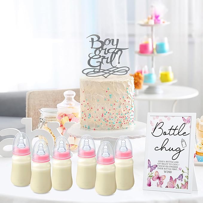 Roowest Bottle Chug Baby Shower Game Favors Including Pink Butterfly Theme Wooden Sign and 18 Pcs Feeding Bottles for Gender Reveal Party Supplies
