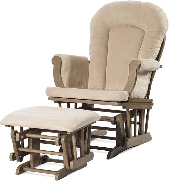 Child Craft Cozy Glider Rocker and Ottoman Set, Padded Cushion with Convenient Storage Pockets, Solid Wood Base & Frame (Dusty Heather with Beige Cushion)