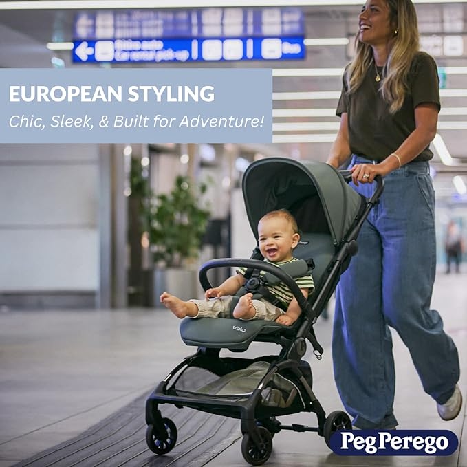 Peg Perego Volo, Ultra Lightweight Carry On Compliant Travel Stroller, Adjustable Features & Reclining Seat - Designed for Everyday Comfort from Newborn to 50lbs, Metal (Sage Green)