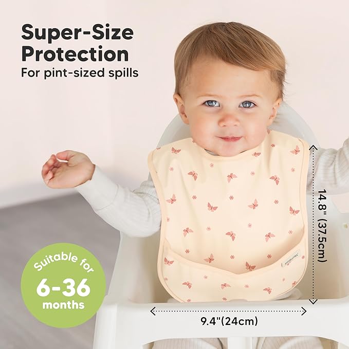 3-Pack Waterproof Baby Bibs for Eating - Lightweight Toddler Feeding Bibs with Large Food Catcher, Mess Proof, Food-Grade Baby Eating Essentials, Easy to Put On & Clean (Butterflies)