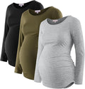 Bhome Women's Maternity Shirts 3 Packs Long Sleeve Pregnancy Tops Basic Side Ruched Tunic Blouse