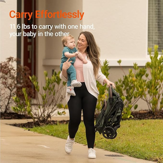 MAMAZING Lightweight Baby Travel Stroller with Carbon Fiber Frame, Compact & Airplane-Friendly, One-Handed Folding Design, 11.6 lbs, Perfect for Toddlers, Green
