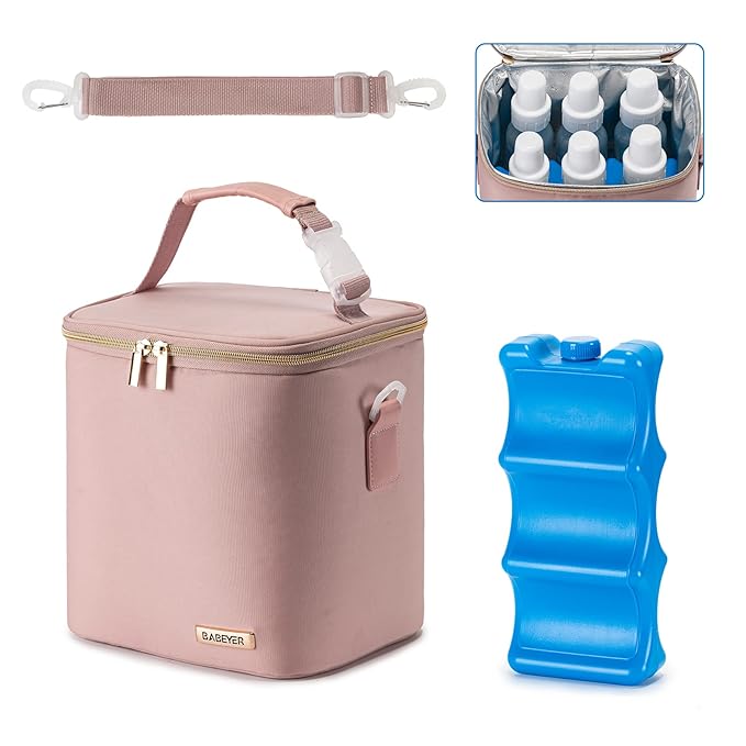 Breast Milk Cooler Bag with Ice Pack Fits 6 Baby Bottles Up to 9 Ounce, Baby Bottle Bag with Shoulder Strap for Nursing Mom Daycare, Pink