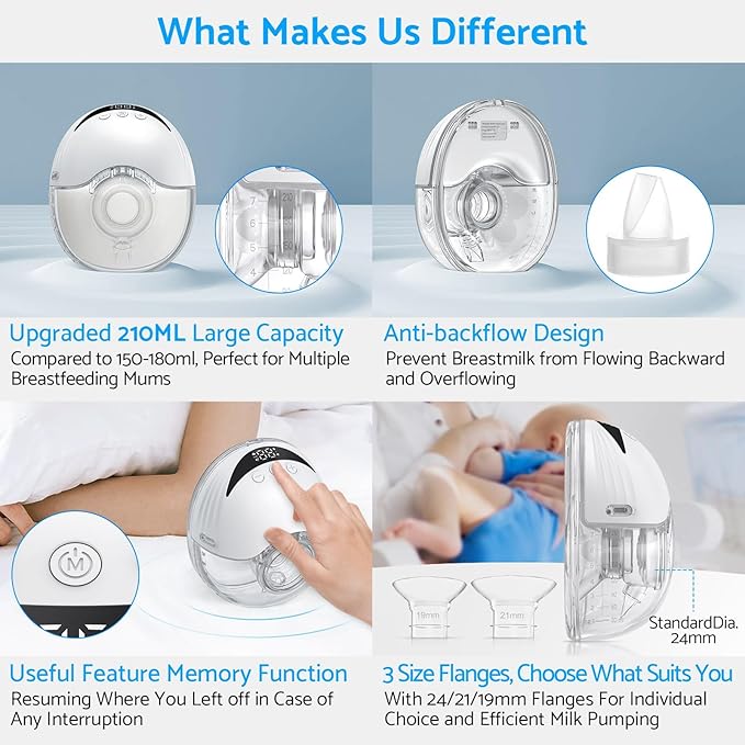 Hands Free Breast Pump - Wearable Breastpump with 4 Mode & 12 Levels, Portable Electric Breast Pump, Strong Suction, Low Noise, 24/21/19mm Flange (1 Pack)