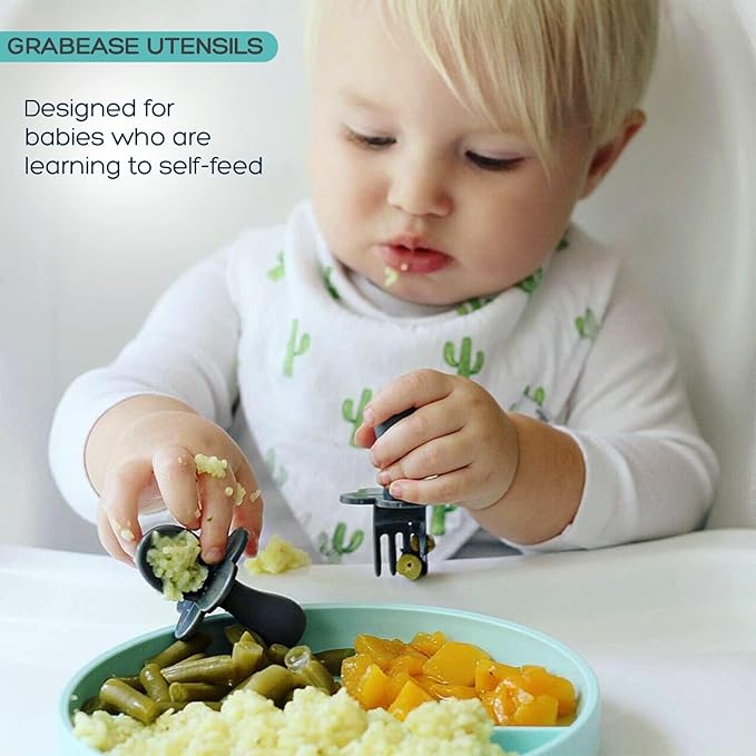 Grabease Baby Feeding Utensils Set - Ergonomic Grip for Self-Feeding - Anti-Choke Collar & Toddler Cutlery Safety - Dishwasher Safe & Travel-Ready Baby Feeding Set - Gray, Pack of 1