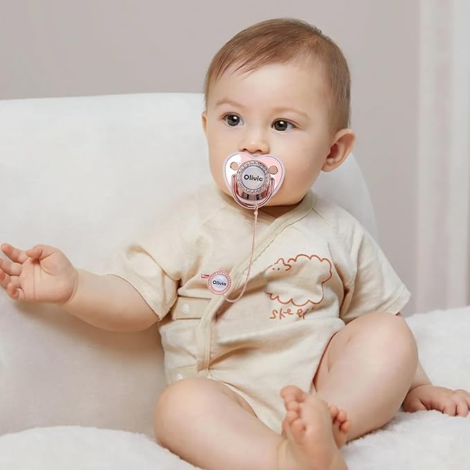 Personalized Pacifier with Name, Custom Pacifier Clip Set with Gift Box, Glitter Crystal Luxurious Bling Soother Dummy Ideal Gift for Baby Boys Girls Birthday Newborn Photography(Gold)