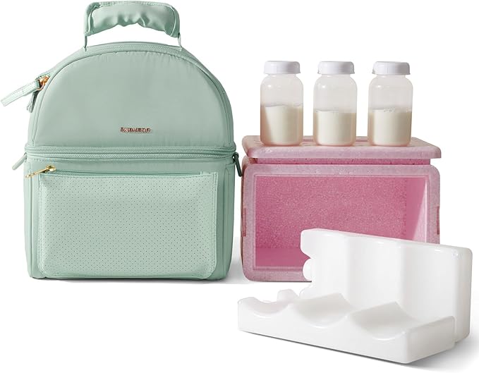 Sunveno Breastmilk Cooler Bag with 2 Ice Packs & Detachable EPP Insulation Box, 15-Hour Cold Retention Foil-Lined Leak-Proof Tote Fits 3 Baby Bottles for On-The-Go Pumping Moms, Daycare & Travel