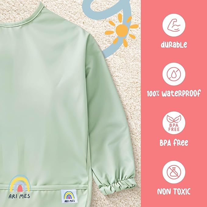 ARI MES Long Sleeves Waterproof Baby Bibs for Eating - Black Spots, Small - Wearable, Coverall for Toddler, Long Sleeve Bib, Smock Apron for Feeding - Applicable for 6-72 Months