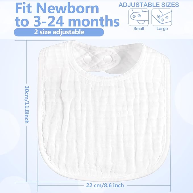 Zhanmai 20 Pack Muslin Baby Bibs Adjustable White Drool Bandana Bibs 6 Absorbent Layers for Newborn Baby Girl Boy Feeding, Drooling and Teething, Machine Washable