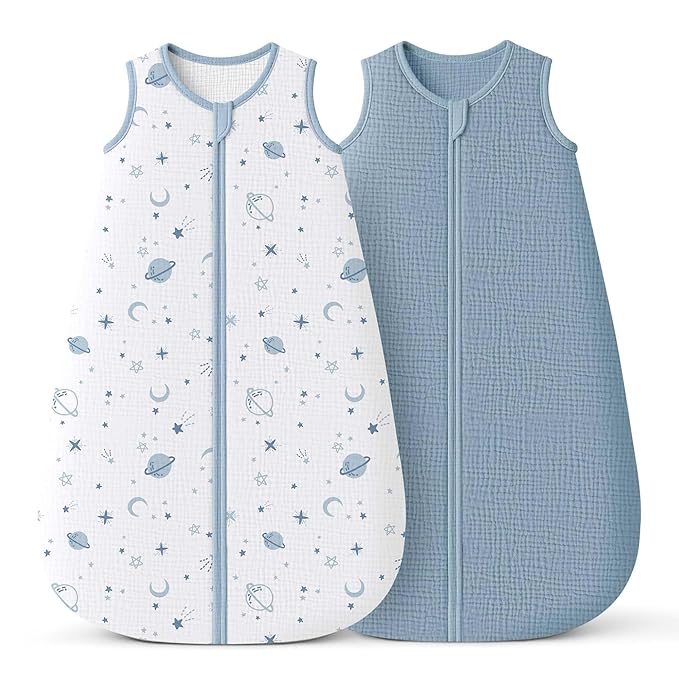 Konssy Muslin Baby Sleep Sack 0-6 Months 0.8 TOG, 2 Pack 100% Cotton Wearable Blanket for Babies, 2-Way Zipper Breathable Sleeping Sack Infant Toddler Essentials for Girls and Boys (Star, Blue)