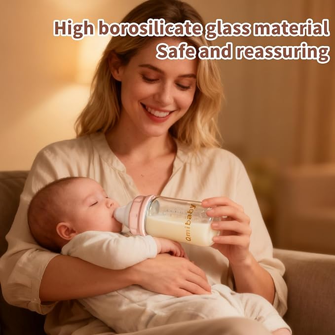 Natural Glass Baby Bottle 150ml 5oz Standard Neck Breast Milk Storage Bottles Compatible with Medela Breast Pumps for Breastmilk Storage Bottle Breastfeeding BPA-Free 4 Pack (Pink Lids)
