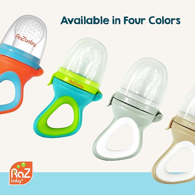 RaZbaby Baby Solids/Frozen Fruit Feeder Pacifier, Infant Teether Toy 6M+, BPA-Free Silicone Pouch & Nipple, Safely Introduce Solids, Natural Teething Relief, Dishwasher Safe, Freezable – Tan/White