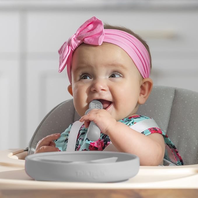 TalkTools ITSY Silicone Baby Plates Set with Suction – Feeding Essentials for Toddlers 6–12 Months+ | BLW Mealtime Set with Twin Spoon, Spill-Proof Sippy Cup | Self-Feeding Utensils (Cloud)