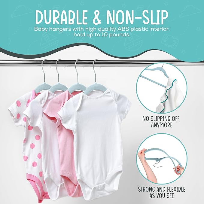 50 Pack Premium Baby Velvet Hangers (Blue) - 11.8" Inches Non-Slip, Ultra-Slim & Space-Saving Toddler Hangers - 360° Rotating Hook, Strong & Durable Hanger for Children, Infant & Toddler