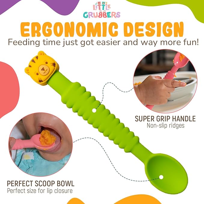 3-in-1 Silicone Baby Spoon Self Feeding 6+ Months - Pediatric OT Designed Teether Spoon, BPA Free Toddler Utensils, Mess-Free, Fun for Baby Led Weaning Supplies, Duck & Tiger