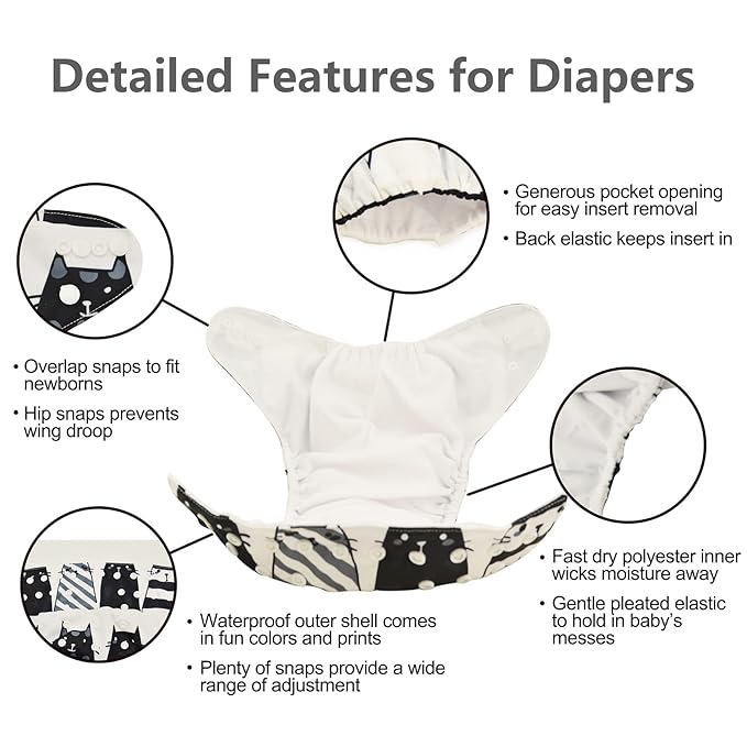 babygoal Reusable Cloth Diapers 6 Pack with 10pcs Inserts, One Size Adjustable Washable Pocket Nappy Covers for Baby Girls and Boys 6FG25