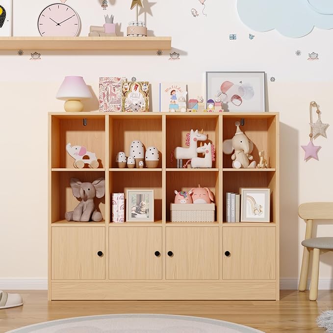 Oak Bookshelf, Wood Bookcase with 3 Tier Shelves, 12 Cube Storage Organizer with Doors for Bedroom, Living Room, 47.8" W x 39.1" H