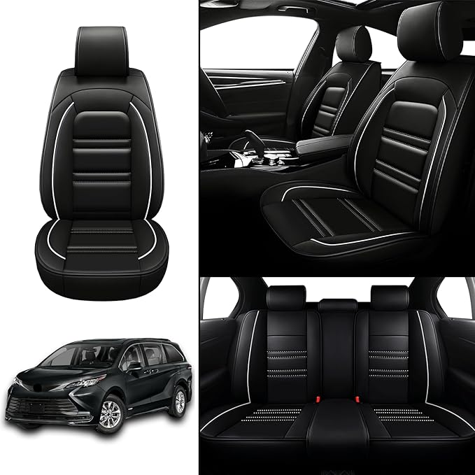 Seat Covers for Toyota Sienna 2004-2025 | 5-Seats Leather Seat Covers, Easy to Install Automotive Seat Covers Full Set (Full Set, Black&White Line)