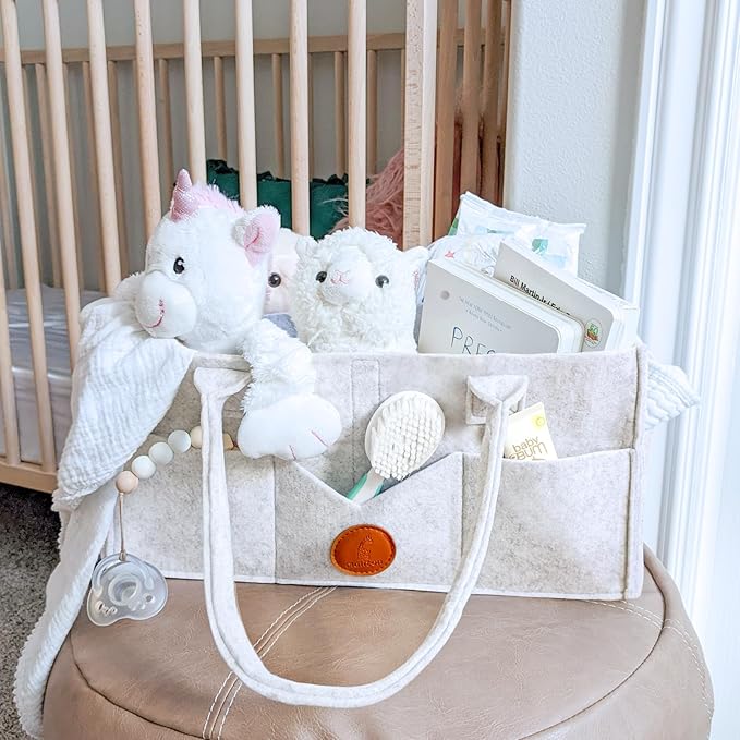 Maliton Baby Diaper Caddy, Nursery Storage Bin & Car Organizer with Handle, Large Felt Bag for Newborn essentials Boy or Girl, Changing Table Organizer for Baby Stuff, 15" x 9" x 7" Baby Shower Basket