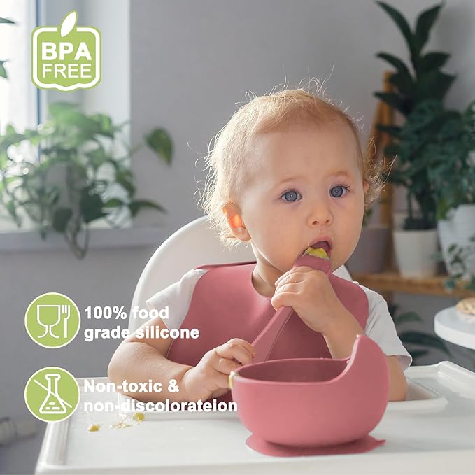 Silicone Baby Feeding Set | Baby Led Weaning Supplies Includes Suction Bowls and Divided Plates, Adjustable Bib, Baby Utensils Spoons and Forks,Cup | Baby Feeding Essentials (Red)