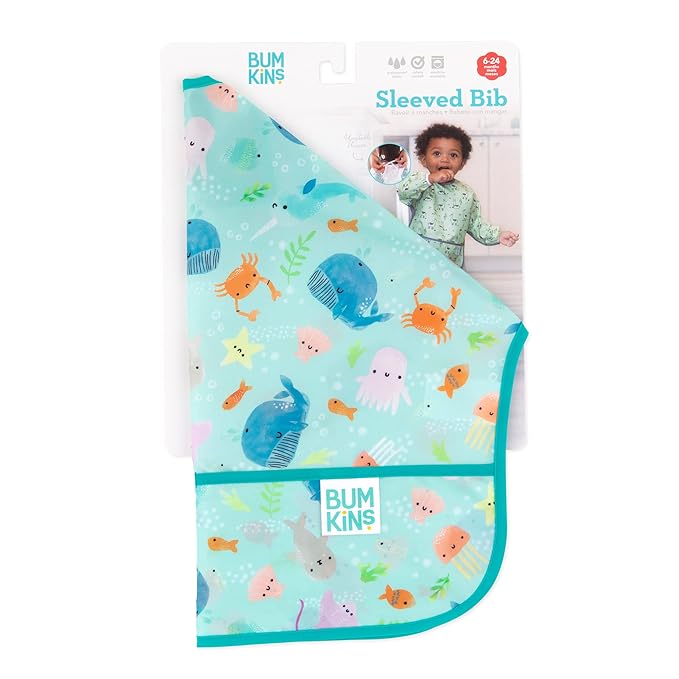 Bumkins Bibs, Baby and Toddler Girls and Boys 6-24 Months, Long Sleeve, Essential Must Have for Eating, Feeding, Mess Saving Lightweight Waterproof Fabric Sleeved Smock, Ocean Life