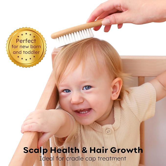 Yoofoss 4 Piece Baby Brush and Comb Set, Wooden Baby Brush with Natural Ultra Soft Goat Hair, Baby Hair Brush for Newborn, Baby Brush Set for Boy Girl