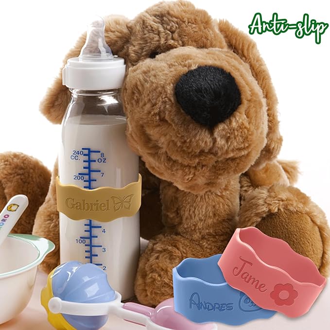 Personalized Baby Bottle Labels for Daycare Custom Water Bottle Name Bands Customized Engraved Silicone Baby Reusable Bottle Straps Labels for Cups School-Brown