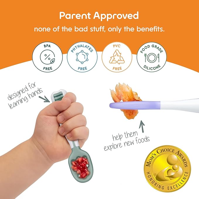 NumNum Baby Spoons Set, Baby Essentials Pre-Spoon GOOtensils for 6+ Months, First Stage Self-Feeding Spoons for Baby Led Weaning (BLW), Silicone Toddler Utensils, BPA-Free, 2 Pack Red/Green