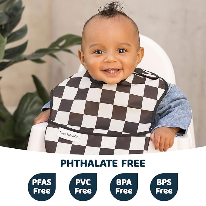 Tiny Twinkle Mess Proof Baby Bibs for Eating – Waterproof, Wipeable Toddler Bibs with Pocket – Baby Food Bibs for Girls & Boys(3 Pack,Checkers Boy)