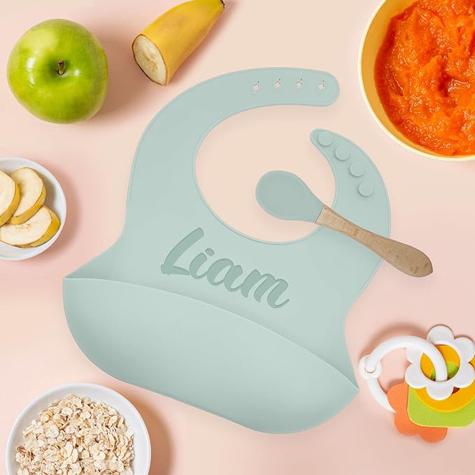 Personalized Silicone Bib and Spoon Set with Custom Name, Babies/Toddlers Durable Adjustable with Pocket for Baby Boy & Girl