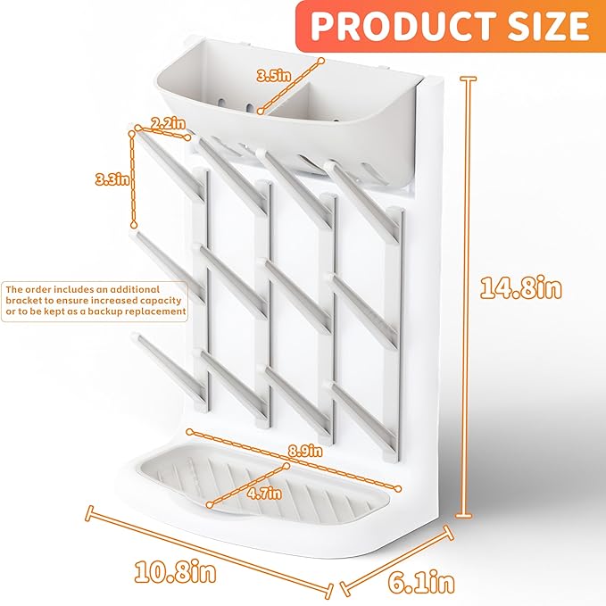 Yieach Larger Vertical Baby Bottle Drying Rack - BPA Free - Space Saving Feeding Bottles Drying Rack Holder for Countertop,Baby Bottle Holder Storage Station for Pacifiers,Pump Accessories Stand,Grey
