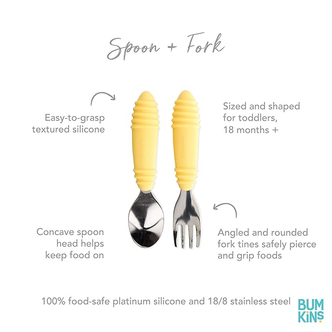 Bumkins Toddler Utensils, Kids Size Fork and Spoon Set, Silicone and Stainless-Steel Training Silverware, Angled Fork / Spork for Self-Feeding, Children Learning to Eat, 18 Mos Up, Pineapple Yellow