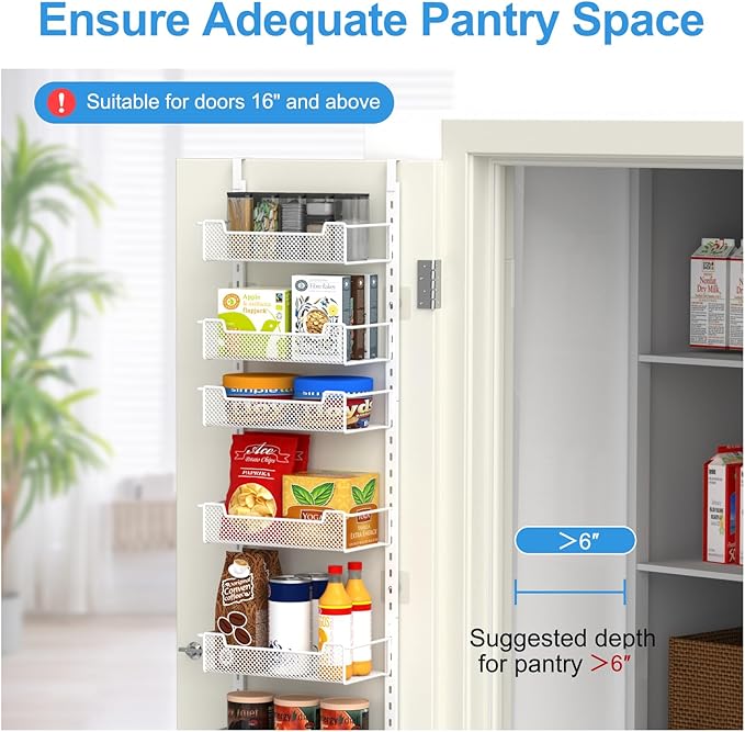 12.3" W Narrow Over the Door Pantry Organizer, 8-Tier Over the Door Organizer with Adjustable Basket, Pantry Door Organization for Pantry Kitchen Storage Room Spice Rack, White