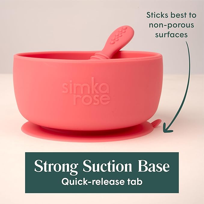 Simka Rose Baby Bowl and Spoon Set, Suction Bowls for Toddler, BPA-Free Silicone, Dishwasher and Microwave Safe (Peach)